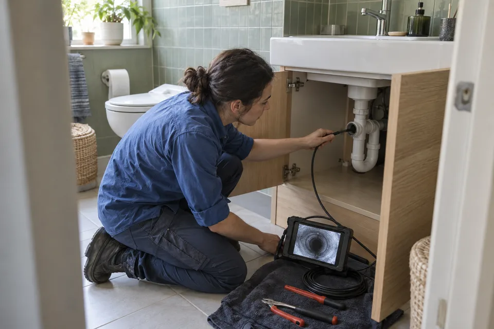 Banyo giderini kontrol kamerasıyla inceleyen kadın teknisyen ve boru içi görüntü